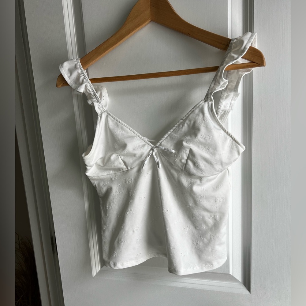 White Ruffle Strap Eyelet Tank Top